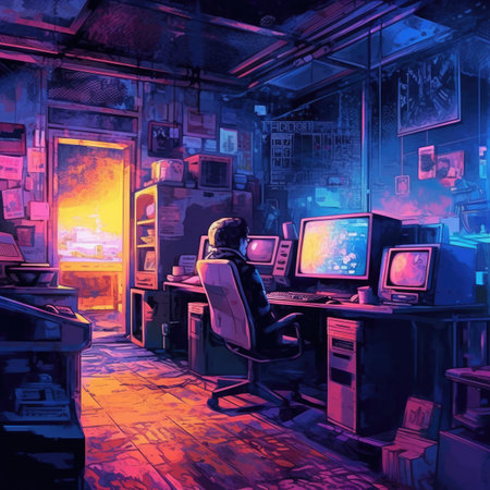 Vintage computer room. Computer room in retro style.の素材
