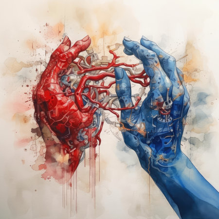 Watercolor Human heart in the hands of a man.の素材