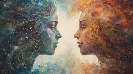 Double exposure portrait of two beautiful woman with long curly hair and abstract watercolorの素材