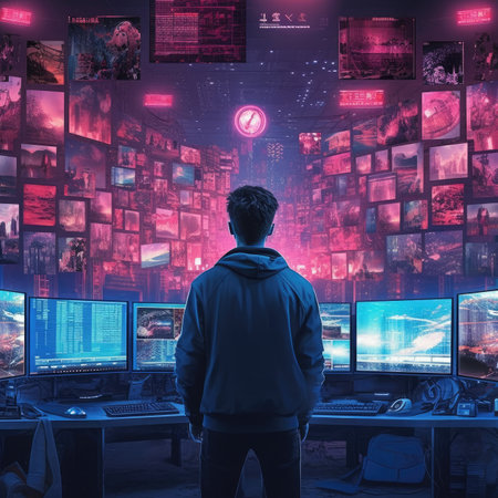 Back view of young man in hoodie standing in front of multiple computer screens and looking at screen.の素材