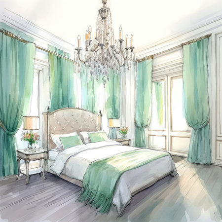Interior of a bedroom with a double bed, green curtains and a chandelierの素材