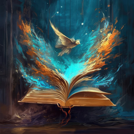 Open book with flying pigeon on the background of blue and orange fireの素材