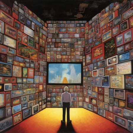 Rear view of a businessman standing in front of a wall of old photosの素材