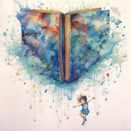 Watercolor Little boy jumping out of an open book.の素材