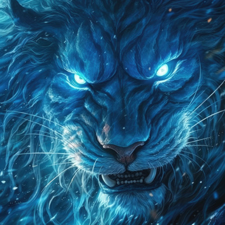 Portrait of a big lion with blue eyes. Digital painting.の素材
