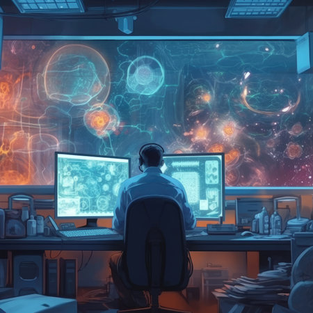 Back view of a male hacker in a cyber security room.の素材