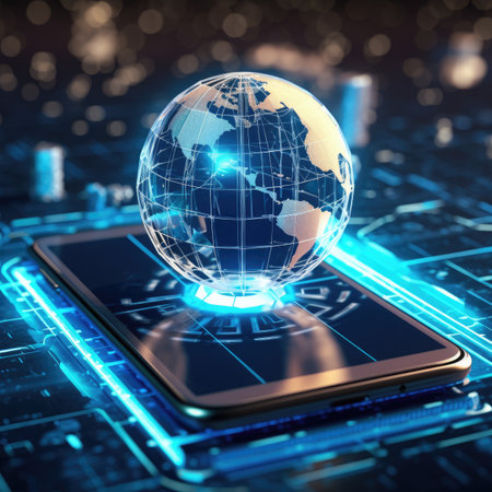 Smartphone with a glowing globe on the screen.の素材