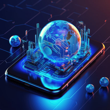 smartphone with earth and circuit board on blue backgroundの素材