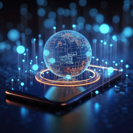 Smartphone with glowing globe and binary code. Internet concept.の素材