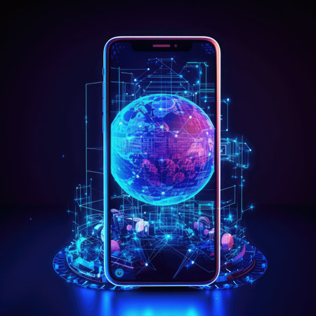 Smartphone with planet hologram on dark background.の素材
