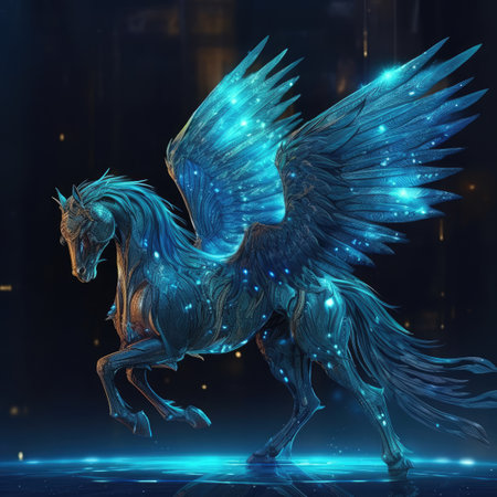 Fantasy black and blue fantasy horse with wings.の素材