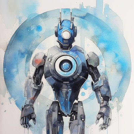 Watercolor robot in a blue and white backgroundの素材