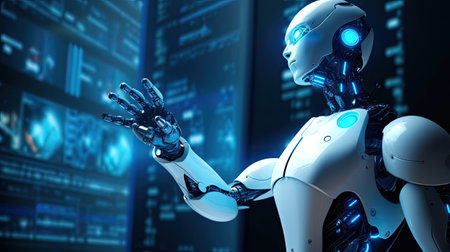 Robot humanoid working on digital screenの素材