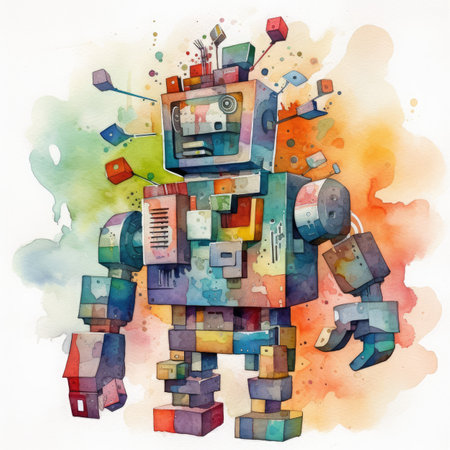 Cute robot with colorful watercolor splashes.の素材