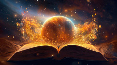 Magic book with planet in space. Fantasy background.の素材