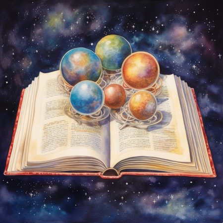 Magic book with multicolored marble balls on it and space backgroundの素材