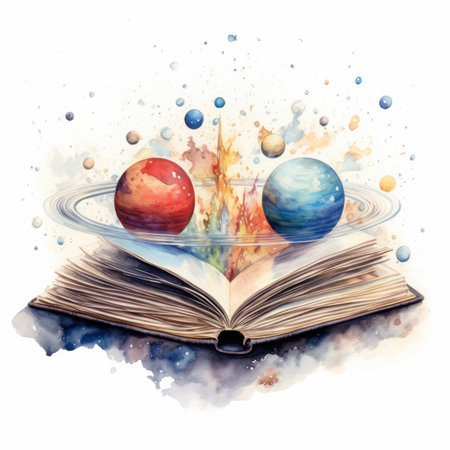 Watercolor open book with planets, stars and galaxies.の素材