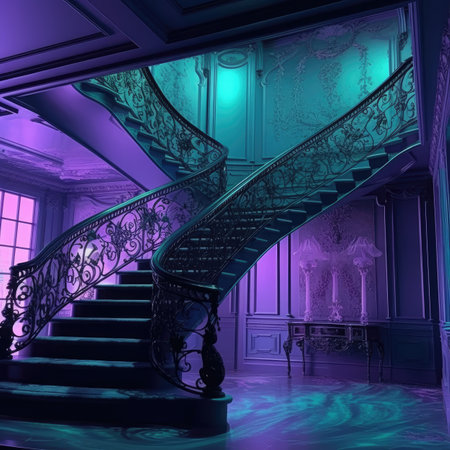 a classic staircase in a room with green wallsの素材