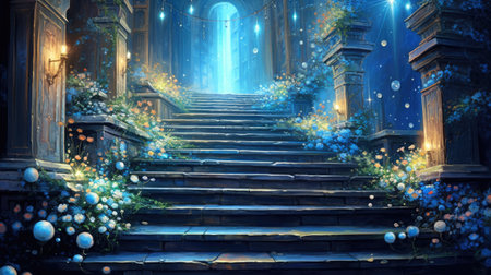 Mystical fantasy scene with stairs leading to the door in a dark roomの素材
