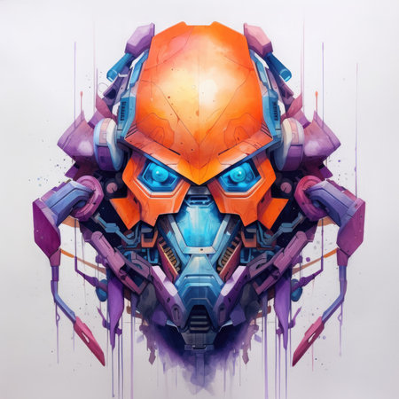 Futuristic robot face with colorful abstract background.の素材