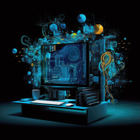 a computer with abstract technology background in blue and blackの素材