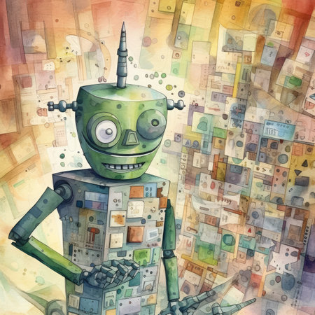 Cute cartoon robot on a colorful background.の素材