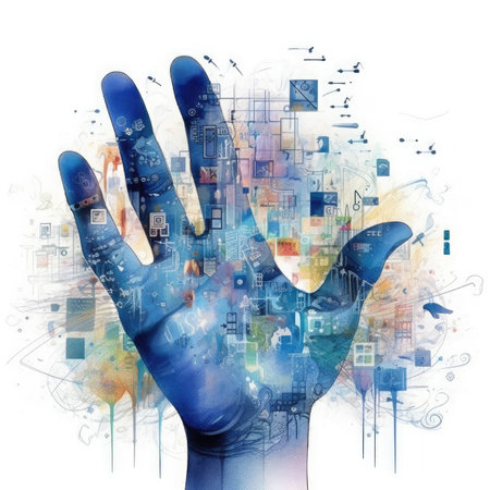 Hand with various media icons and symbols against white backgroundの素材
