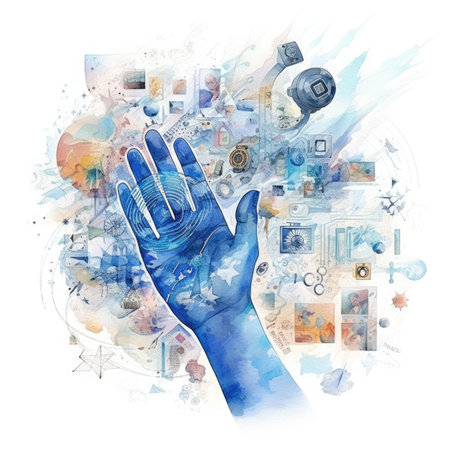 a human hand with a lot of icons in the backgroundの素材