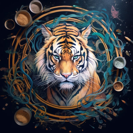 Tiger painting on a black background with various ingredients for cooking.の素材