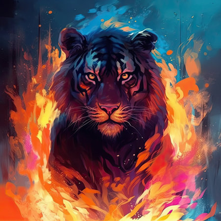 Tiger in fire. Colorful illustration of a wild cat.の素材