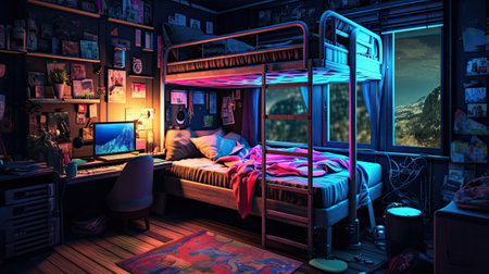 a hostel room with bunk beds in the nightの素材