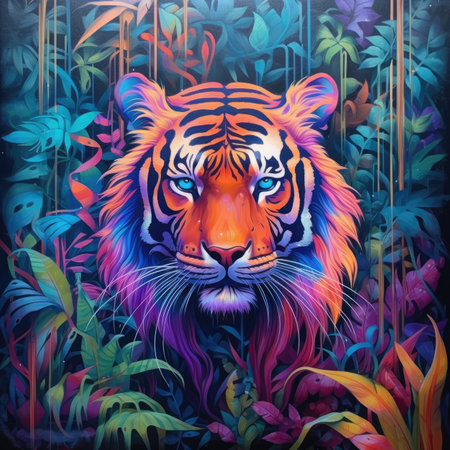 Tiger in the jungle. Colorful painting on a dark background.の素材