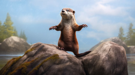 Otter on a rock in the forest.の素材