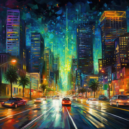 City at night with light trails and cars.の素材