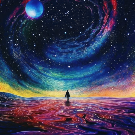 Surreal painting of a man standing in the sea and looking at the starsの素材