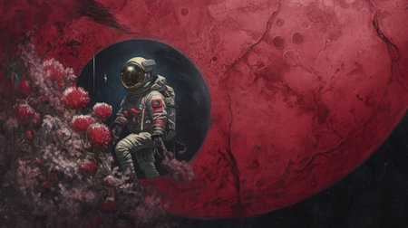 Astronaut standing in front of a red heart.の素材