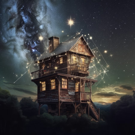 a wooden house in the sky with stars and nebulaの素材