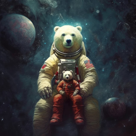 Astronaut and polar bear in outer space.の素材