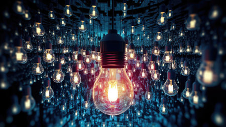 Glowing retro light bulb on dark background with glowing light bulbs.の素材