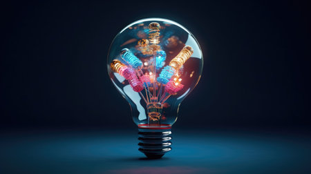 Glowing light bulb on dark background. Energy and technology concept.の素材