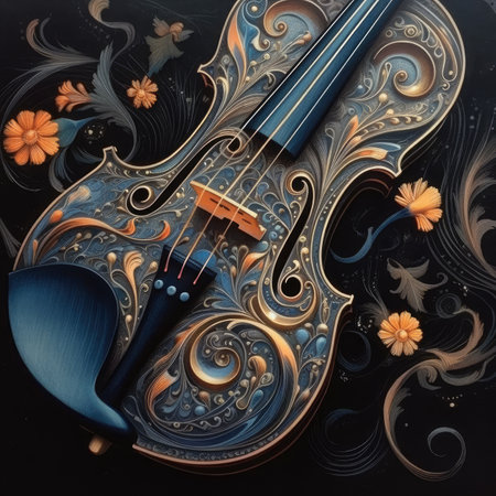 violin on a black background with floral ornamentの素材