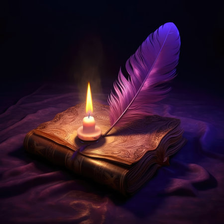 Old book with feather and candle on a purple backgroundの素材