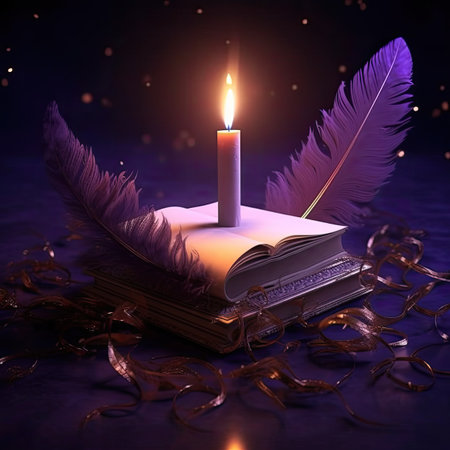 Book with feather and candle on a dark background.の素材