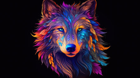 Colorful wolf portrait on a black background.の素材