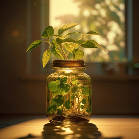 Sprout in a glass jar on a wooden table. The concept of home gardening.の素材