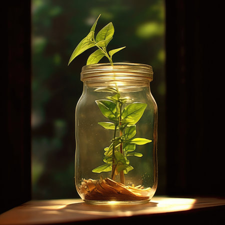 Plant growing in a glass jar on a window sill with sunlightの素材
