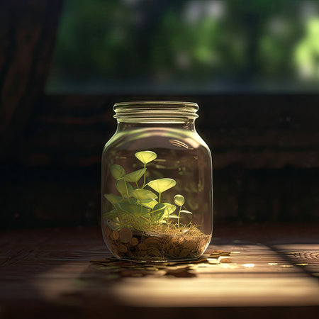 Green seedling in a glass jar on a wooden background.の素材
