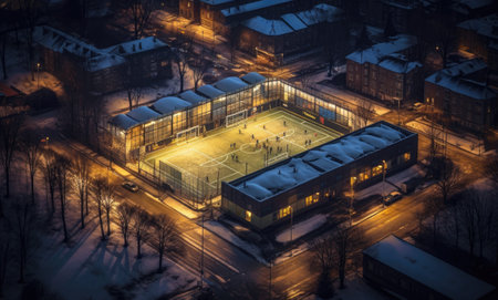 Aerial view of the football stadium in the evening. Winter eveningの素材
