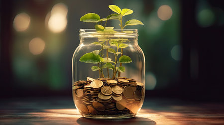 save money for investment concept plant growing out of coins in the glassの素材