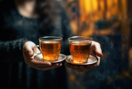 Two cups of tea in the hands of a girl on a dark backgroundの素材